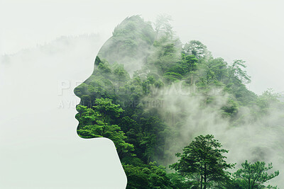 Double exposure, forest nature and profile of woman for abstract, background or concept of conservation. Environment, face and trees with person in composite ecosystem for art, creative or design