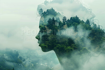 Double exposure, face of woman and forest nature for abstract, background or concept of conservation. Environment, profile and trees with person in composite ecosystem for art, creative or design