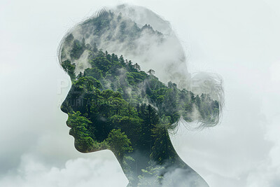Double exposure, face of woman and forest mist for abstract, background or concept of conservation. Environment, foggy nature and profile with person in composite ecosystem for art deco or design