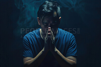 Faith, christian and praying man in dark background with trust, hope and gratitude with prayer. Religion, male person and hands together to seek guidance, wisdom or blessings for personal growth