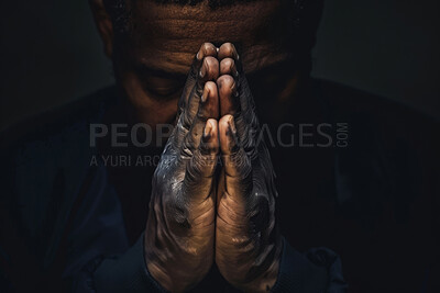 Hands, praying and man with worship for religion by black background with faith, guidance and gratitude. Christian, blessing and person with spiritual, trust or hope for belief and growth with prayer