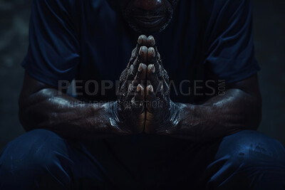 Prayer, hands and faith with hope in dark for connection, communication and worship of God. Person, religion and spiritual growth for reflection, forgiveness or confession in prison with Christianity