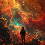 Universe, galaxy and silhouette of person with stars for futuristic ...