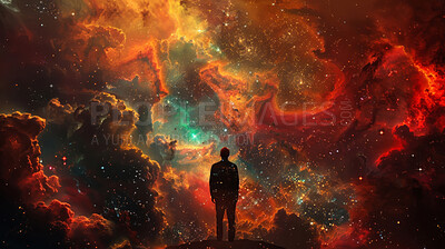 Universe, galaxy and silhouette of person with stars for futuristic wallpaper, design or background. Constellation, fantasy and shadow of figure with illustration of colorful, abstract or cosmic sky.
