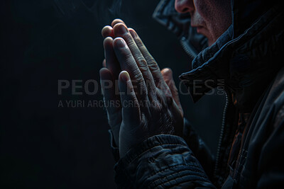 Buy stock photo Hands, spiritual and person praying for religion by black background with faith, guidance and gratitude. Christian, mockup space and model with hope, trust or worship for belief with prayer.