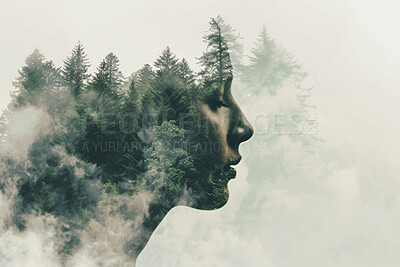 Double exposure, woman and face, tree and nature of forest, silhouette and peace with life and spiritual. Relax, female person and profile, meditation and thinking, mockup space and art with leaves