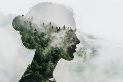 Double exposure, woman and face, forest and nature of tree, silhouette and peace with life and spiritual. Relax, female person and profile, meditation and thinking, mockup space and art with leaves