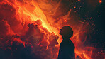 Fantasy, galaxy and silhouette of person on orange background for ethereal or spiritual faith. Cosmic, sky and universe with dark figure in prayer to God for magic miracle on surreal nebula or stars