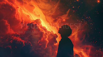 Fantasy, galaxy and silhouette of person on orange background for ethereal or spiritual faith. Cosmic, sky and universe with dark figure in prayer to God for magic miracle on surreal nebula or stars