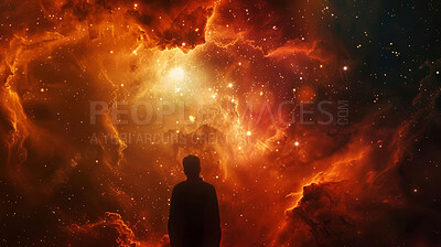 Universe, abstract and silhouette of person in galaxy for spiritual connection, healing and awareness. Stars, space and light of nebula with faith for astral awakening, journey and cosmic mindfulness
