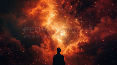 Cosmic, silhouette and universe with person on orange background for ethereal or spiritual faith. Fantasy, galaxy and sky with dark figure in prayer to God for magic miracle on nebula or stars