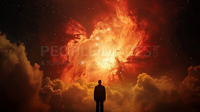 Abstract, clouds or sun and silhouette of person for spiritual path, life journey or adventure. Dream, fantasy and surreal with reflection and stars for light, inspiration and hope with sunshine