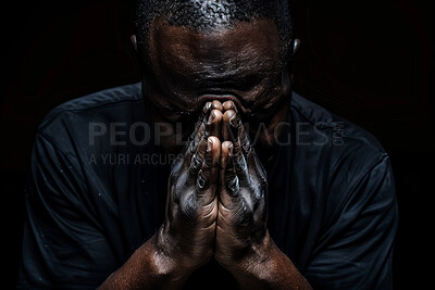 Man, praying and sad in dark with faith for insight, confession and worship God with hope. Person, praise and spiritual growth with reflection, connection and conversion to Christianity for peace