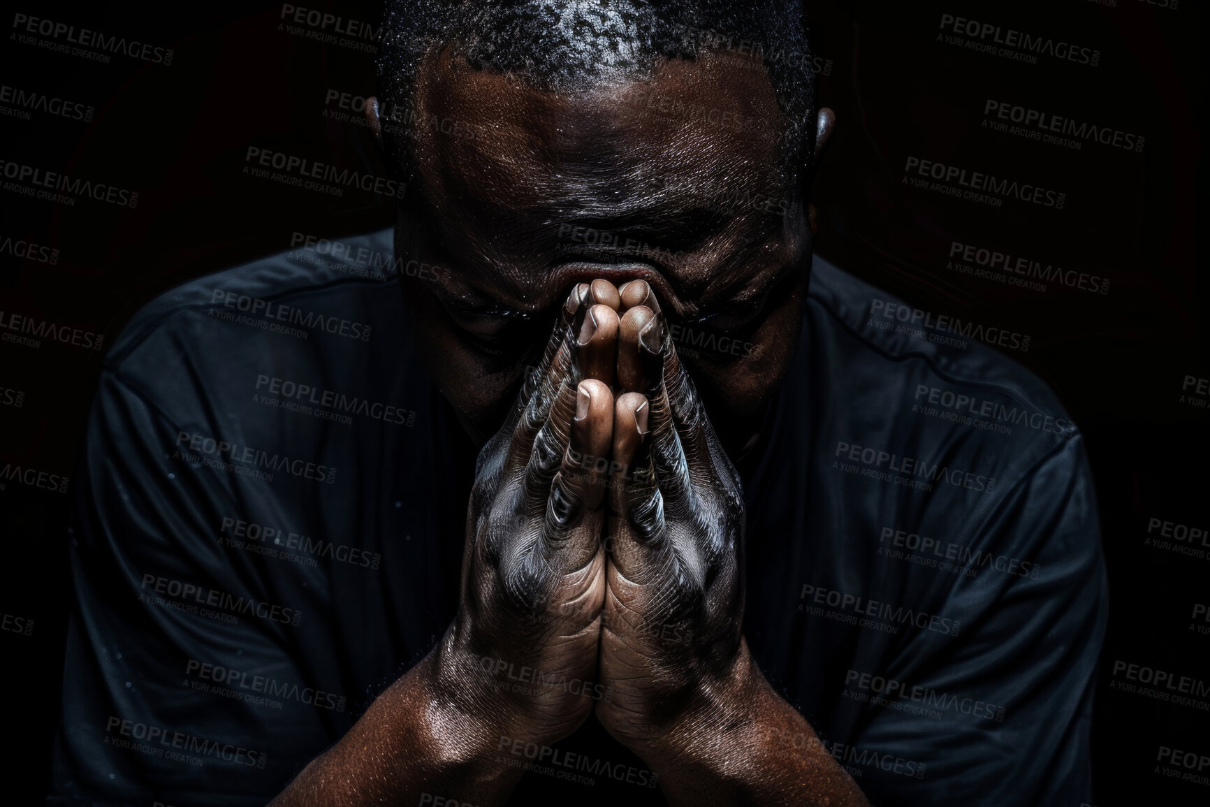 Buy stock photo Man, praying and sad in dark with faith for insight, confession and worship God with hope. Person, praise and spiritual growth with reflection, connection and conversion to Christianity for peace