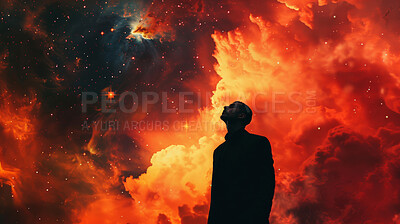 Cosmic, fantasy and stars with silhouette on orange background for ethereal or spiritual faith. Galaxy, sky and universe with figure of person in prayer to God for magic miracle on surreal nebula