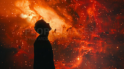 Cosmic, fantasy and silhouette of person on orange background for ethereal or spiritual faith. Galaxy, sky and universe with dark figure in prayer to God for magic miracle on surreal nebula or stars