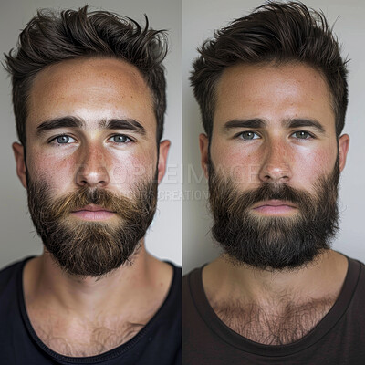 Portrait, before after and man with beard, clean and cut at barbershop for facial hair care treatment. Face, haircare and male person with grooming, skincare and shave with neat versus messy style