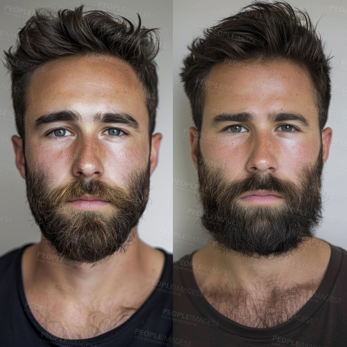 Buy stock photo Portrait, before after and man with beard, clean and cut at barbershop for facial hair care treatment. Face, haircare and male person with grooming, skincare and shave with neat versus messy style