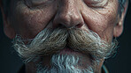 Vintage, beard and face of old man closeup with grooming for beauty and care of facial hair. Retro, mustache and elderly skincare for person with wrinkles and style moustache in barbershop or salon