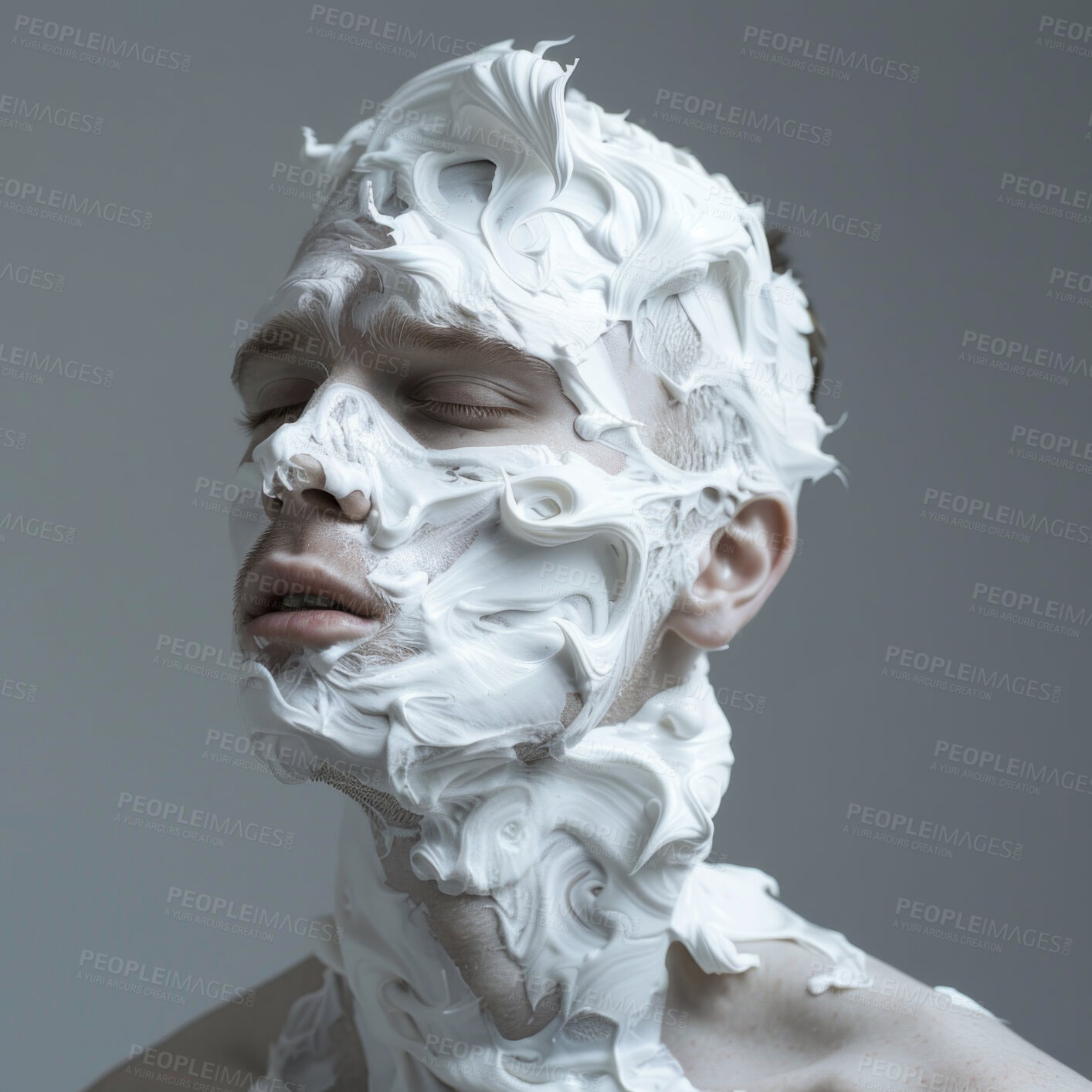 Buy stock photo Shaving foam, art and face for man, head and grooming or hygiene isolated on gray background. Salon, spa and facial treatment for male model, exfoliation and cosmetic cream for skincare and beauty