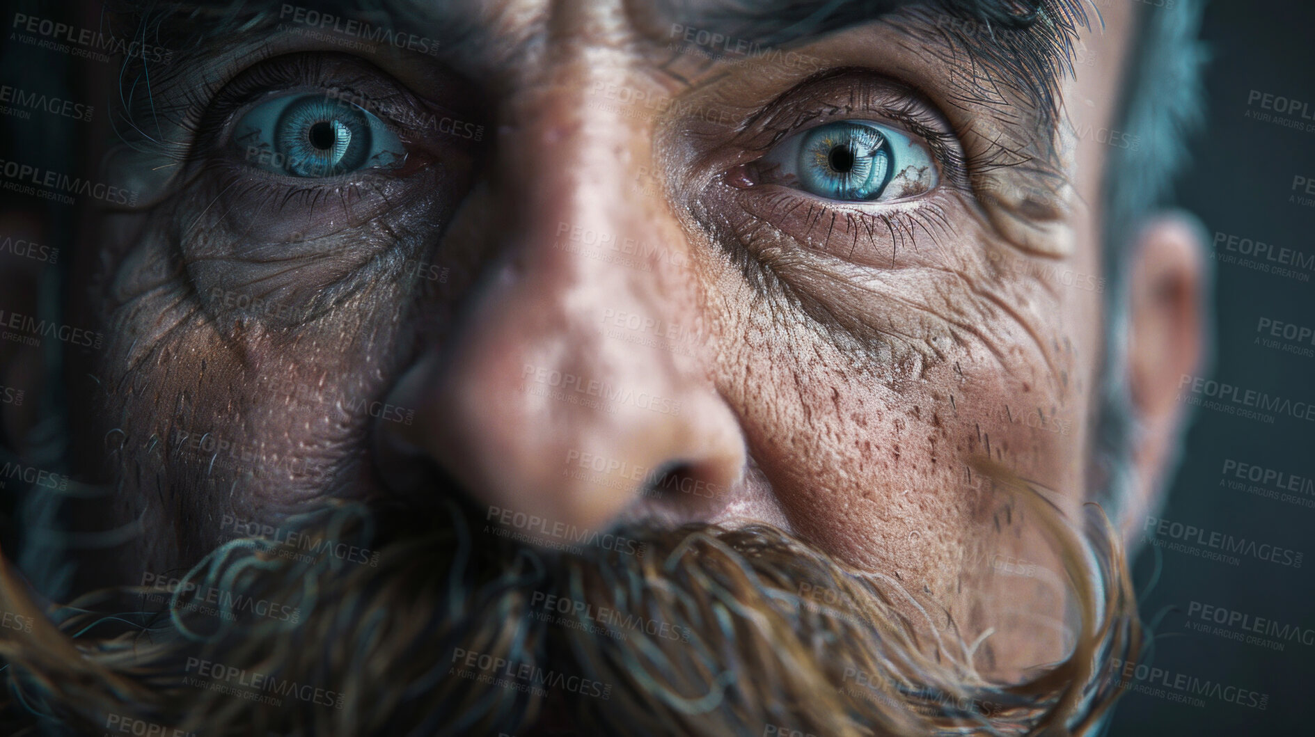 Buy stock photo Mustache, serious and closeup of senior man for skincare, shaving and facial grooming. Male person, portrait and beard on face with confidence for elderly hair care, vintage and style in barbershop