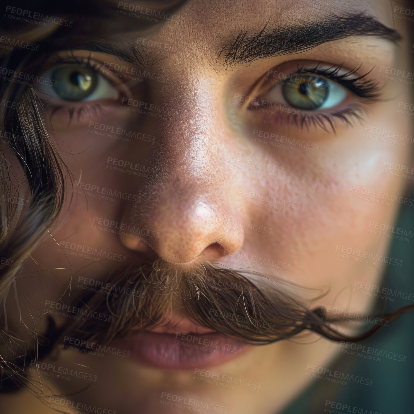 Buy stock photo Gender neutral, portrait and queer person with mustache for lgbtq community, transgender and non binary in pride month. Gender dysphoria, mental health and serious with fear, identity and angry