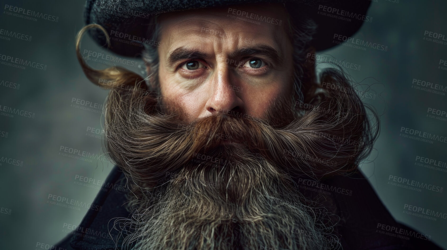 Buy stock photo Gentleman, portrait and beard with rich, style and thick facial hair for treatment. Vintage, hipster and moustache with luxury, elegant and confidence with fashion isolated on grey studio background