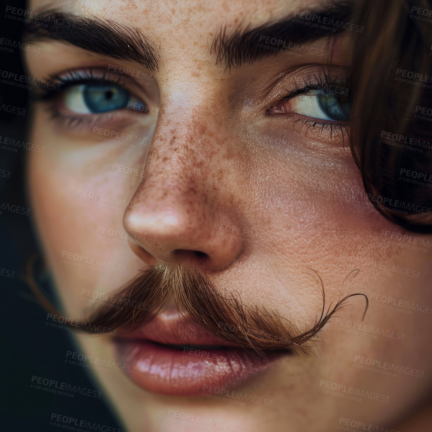 Buy stock photo Gender neutral, portrait and queer person with mustache for lgbtq community, transgender and non binary human rights or pride month. Woman, healthcare and serious with skin, hirsutism and melasma