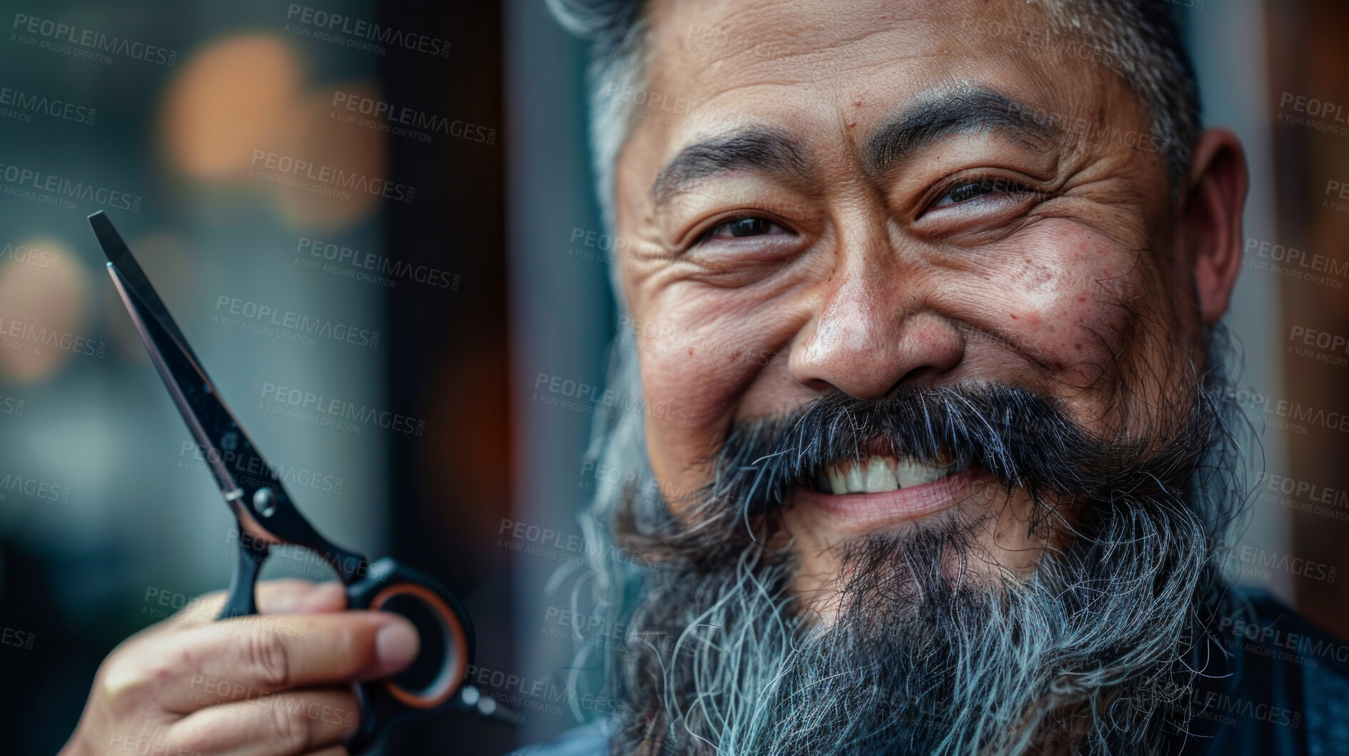 Buy stock photo Barber, portrait and beard with scissors, smile and happiness for grooming. Mature gentleman, hygiene or hair care for wellness, cosmetic beauty and professional salon treatment for style or cleaning