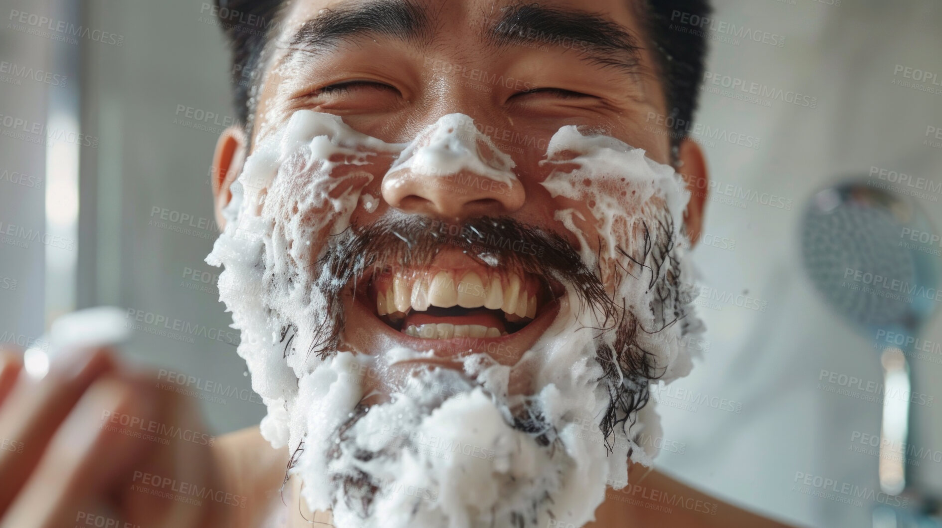 Buy stock photo Face, skincare and foam with asian man in bathroom closeup for cleaning, hygiene or shaving. Beauty, water in shower for beard treatment and happy person washing skin for morning cleanse routine