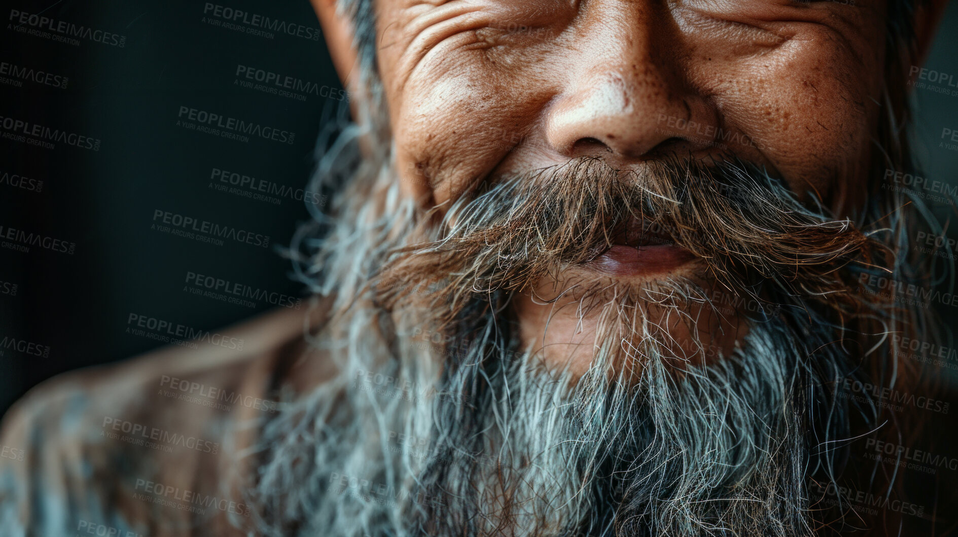 Buy stock photo Beard, smile and face of old man closeup with grooming for beauty and care of facial hair. Retro, mustache and elderly skincare for person with wrinkles and style moustache in barbershop or salon