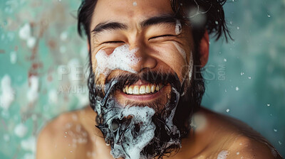 Face, skincare and soap with asian man in bathroom closeup for cleaning, hydration or hygiene. Beauty, water in shower and smile with happy person washing beard or skin for morning cleanse routine