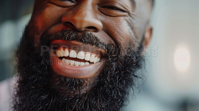 Buy stock photo Black man, beard and smile in portrait with closeup for laughing with confidence in salon with clear skin. Barber, shop and pride with face for cosmetic with hair care, cleaning and trim with teeth