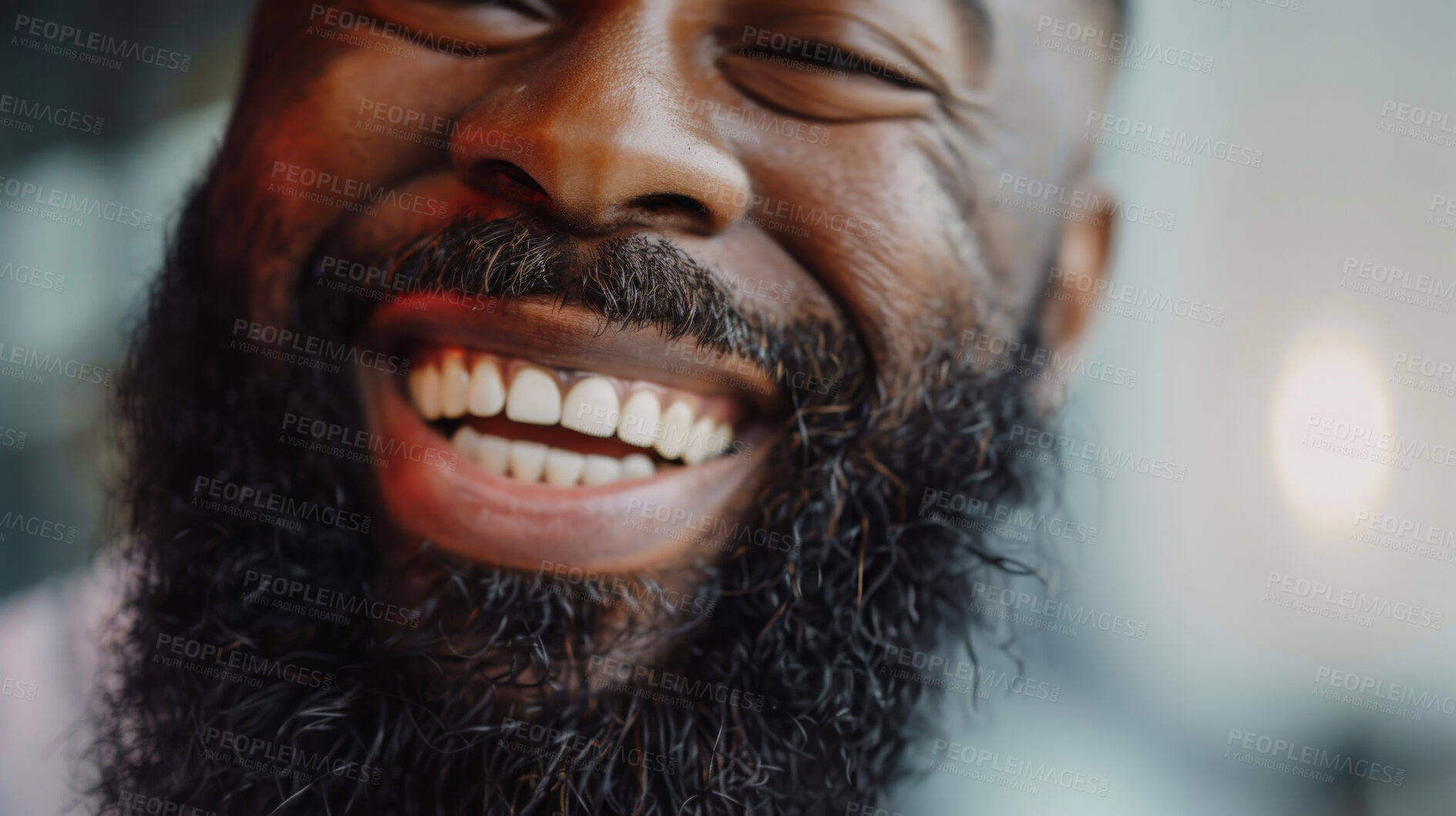 Buy stock photo Black man, beard and smile in portrait with closeup for laughing with confidence in salon with clear skin. Barber, shop and pride with face for cosmetic with hair care, cleaning and trim with teeth