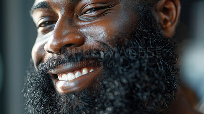 Black, man and beard with smile in portrait with closeup for happiness with zoom in confidence with clear skin. Barber, shop and pride with face for cosmetic with hair care, cleaning and teeth
