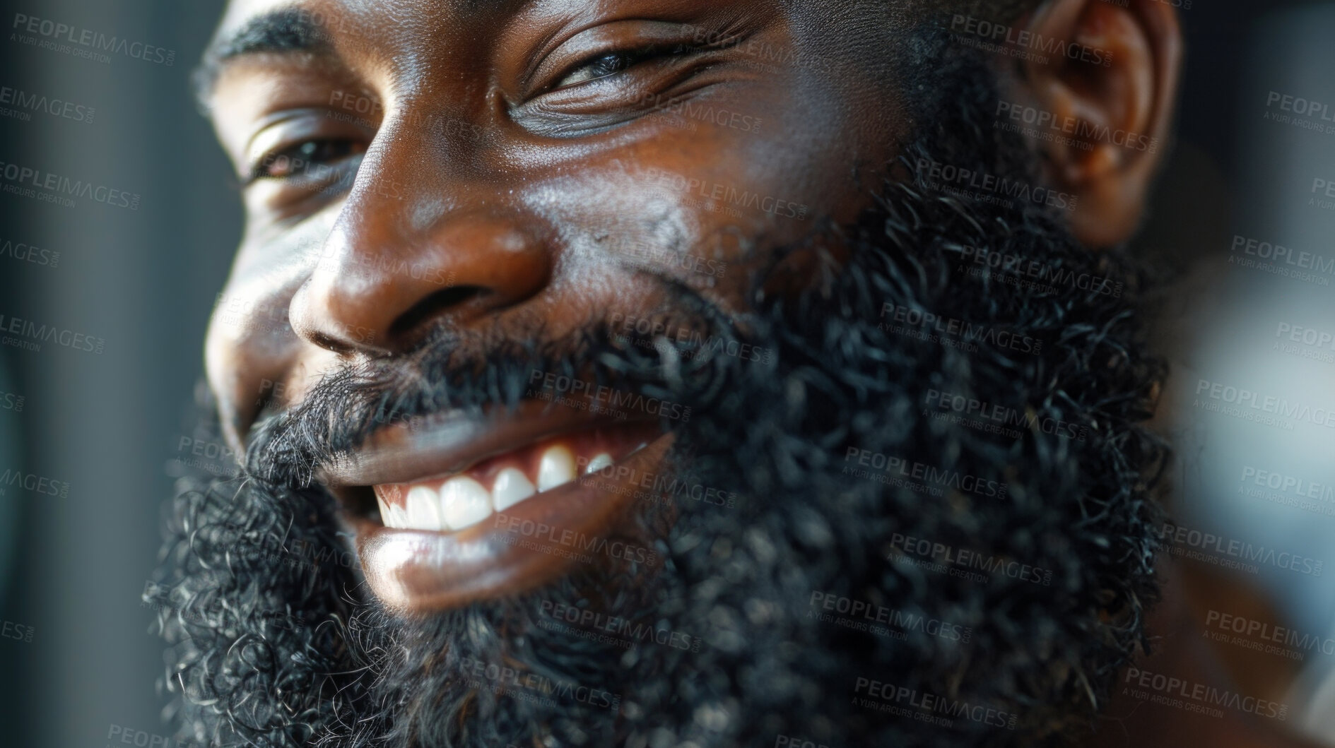 Buy stock photo Black, man and beard with smile in portrait with closeup for happiness with zoom in confidence with clear skin. Barber, shop and pride with face for cosmetic with hair care, cleaning and teeth