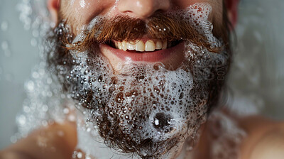 Smile, beard and man in bath with bubbles for clean, health and skincare routine with body hygiene. Foam, mouth and closeup of happy male person with facial hair washing in water for wellness at home
