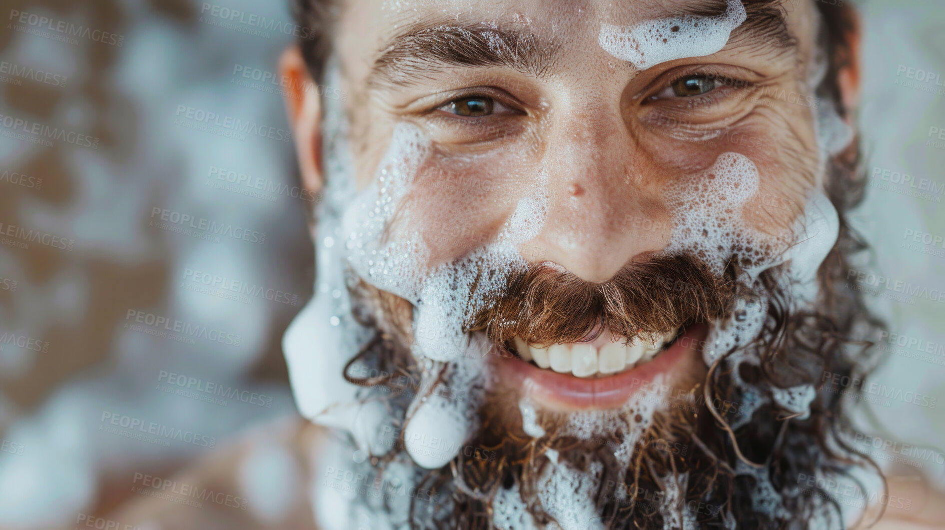 Buy stock photo Soap, face and man with smile, foam and hygiene in bathroom of house, relax and happiness. Home, bath and male person with beard, shower and clean, skin and body for health and self care with water