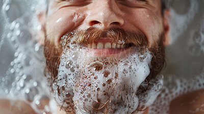 Happy, beard and man in bath with bubbles for clean, health and skincare routine with body hygiene. Smile, mouth and closeup of person with facial hair washing in water with foam for wellness at home