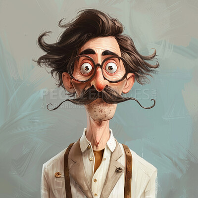 Buy stock photo Mature man, mustache and portrait for illustration with glasses, suit or vintage style for cartoon on background. Person, character and fear with funny facial hair, worry and art with retro clothes