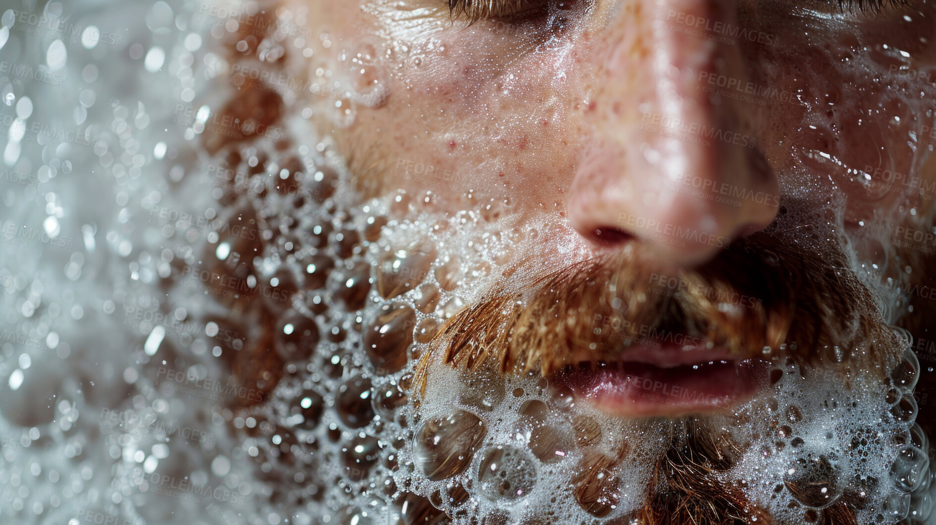 Buy stock photo Bubbles, beard and man in bath for clean, health and skincare routine with body hygiene. Foam, mouth and closeup of male person with facial hair washing in water for wellness treatment at home.