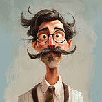 Scared, moustache and portrait of man on background with glasses, retro clothes and vintage style. Cartoon, digital art and face of character with facial hair for funny, comic and expression