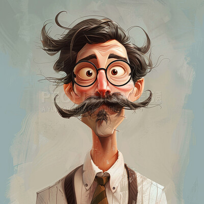 Scared, moustache and portrait of man on background with glasses, retro clothes and vintage style. Cartoon, digital art and face of character with facial hair for funny, comic and expression