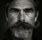 Vintage, mustache and portrait of gentleman in dark background with wisdom, memories and confidence. Face, retro and mature man with beard for aging, pension and veteran or classical in studio 