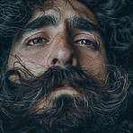 Vintage, mustache and face of gentleman with sad or emotions for wisdom, memories and sentimental. Portrait, retro and mature man with beard for aging, classic and veteran with longevity or wise 