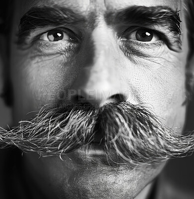 Vintage, mustache and face of senior man with confidence in monochrome for wisdom, memories and retirement. Portrait, retro and gentleman with beard for aging, pension and veteran or mature citizen