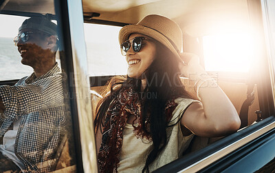 Buy stock photo Happy couple, summer and on a road trip in a car for freedom, travel and holiday. Smile, relax and a young man and woman in transportation driving for a vacation, date or an adventure together