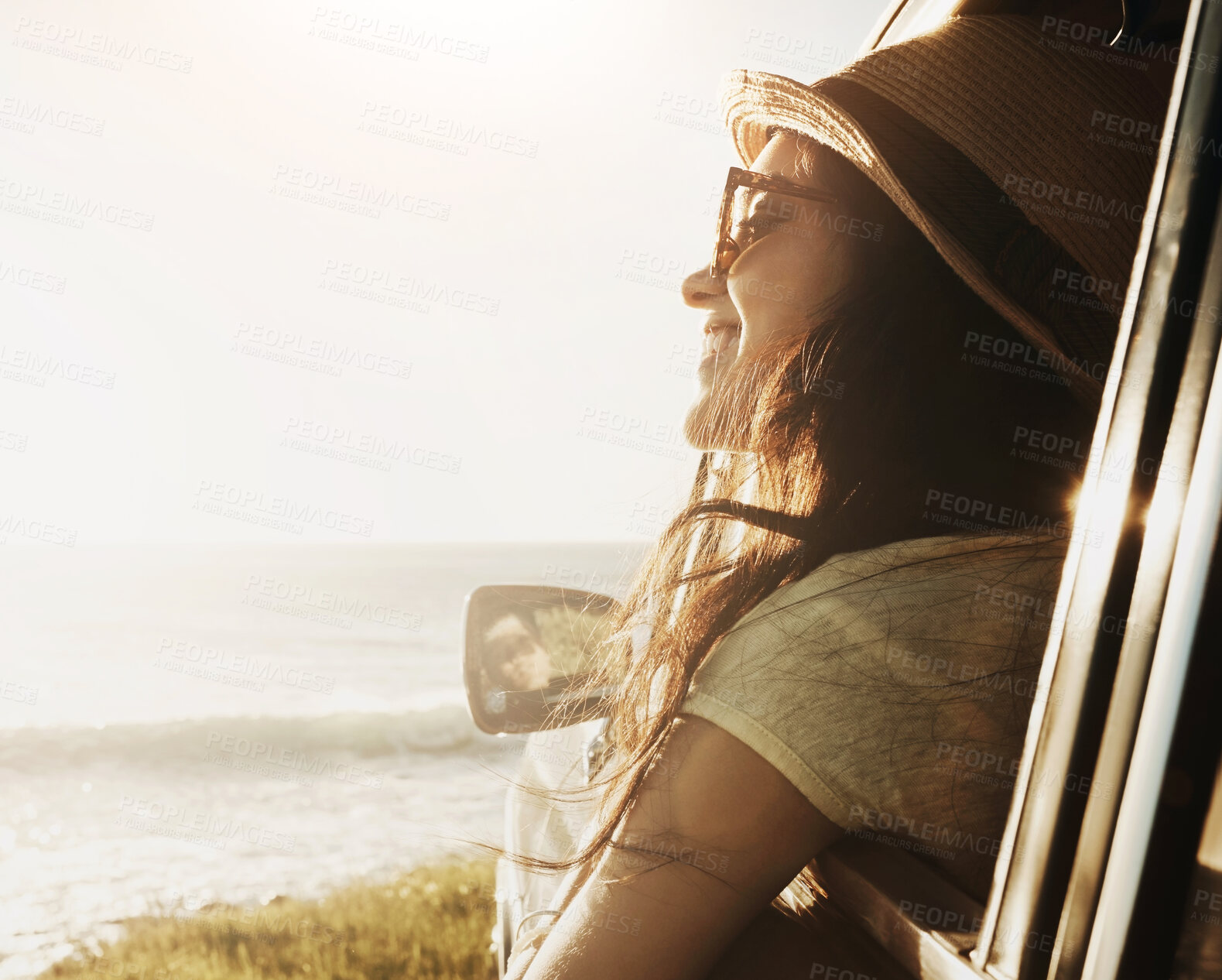 Buy stock photo Woman, ocean and window in car for road trip with smile, sunshine and mockup space on vacation. Girl, person and happy in vehicle for travel, transport and outdoor at beach with memory in Australia