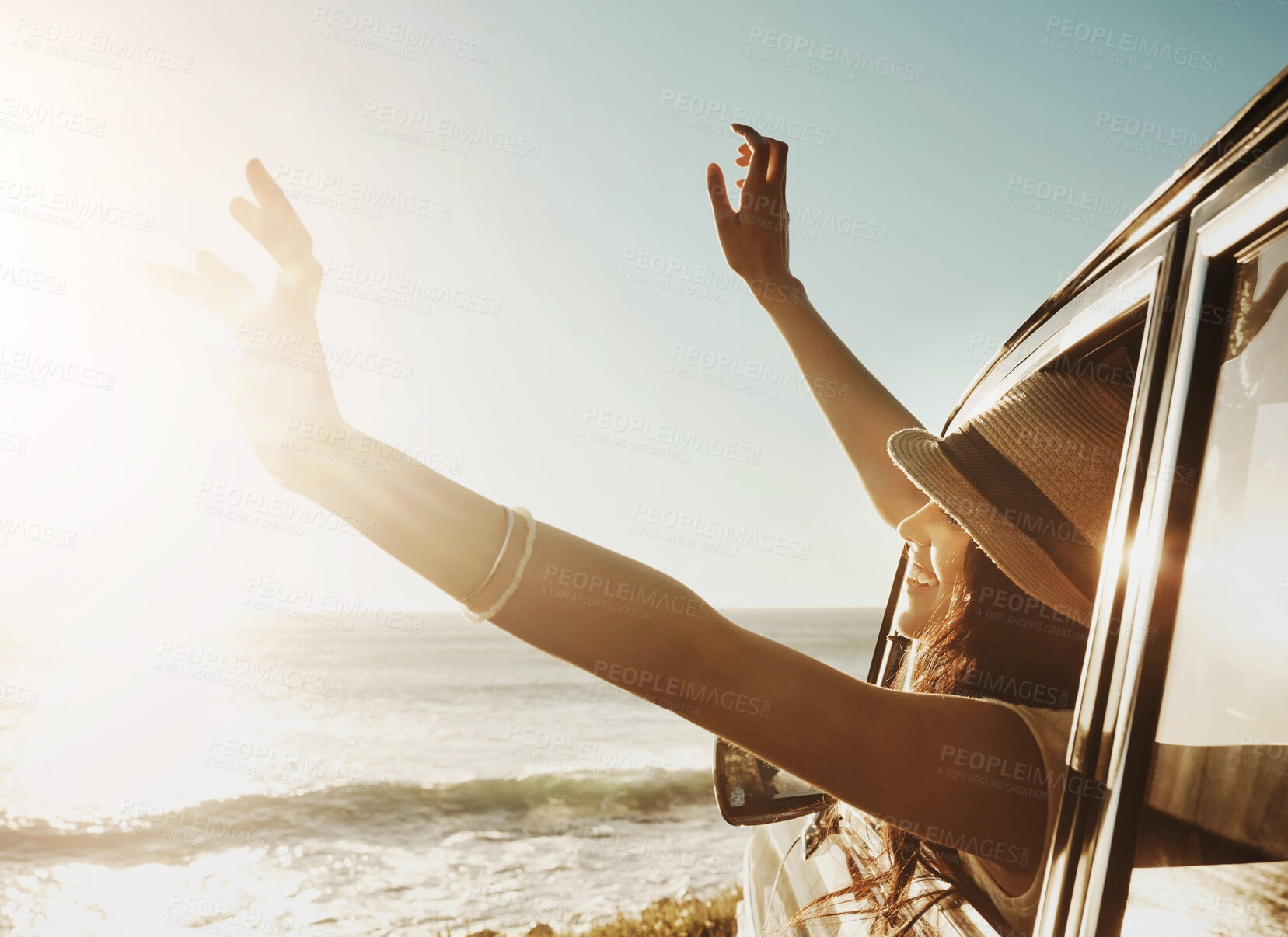 Buy stock photo Happy woman, relax and window with sunset in car for road trip, adventure or freedom on outdoor journey. Young female person enjoying break, summer vacation or travel for view or drive by ocean coast