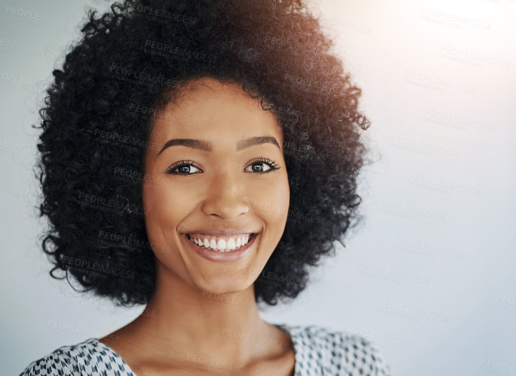 Buy stock photo Smile, portrait of happy black woman and in a white background from brazil. Confident or elegant, fashion designer and isolated smiling or excited Brazilian female person in a studio backdrop